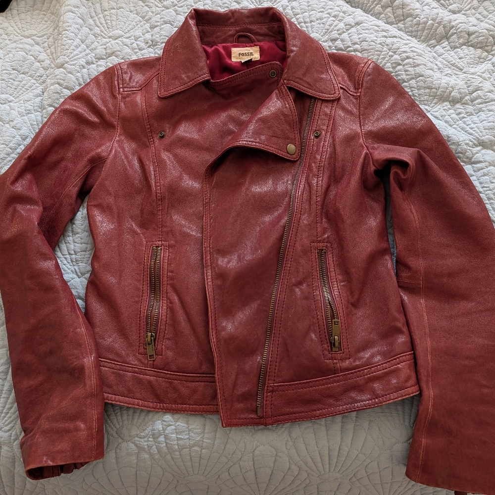 Red Leather Jacket with Brass Zippers